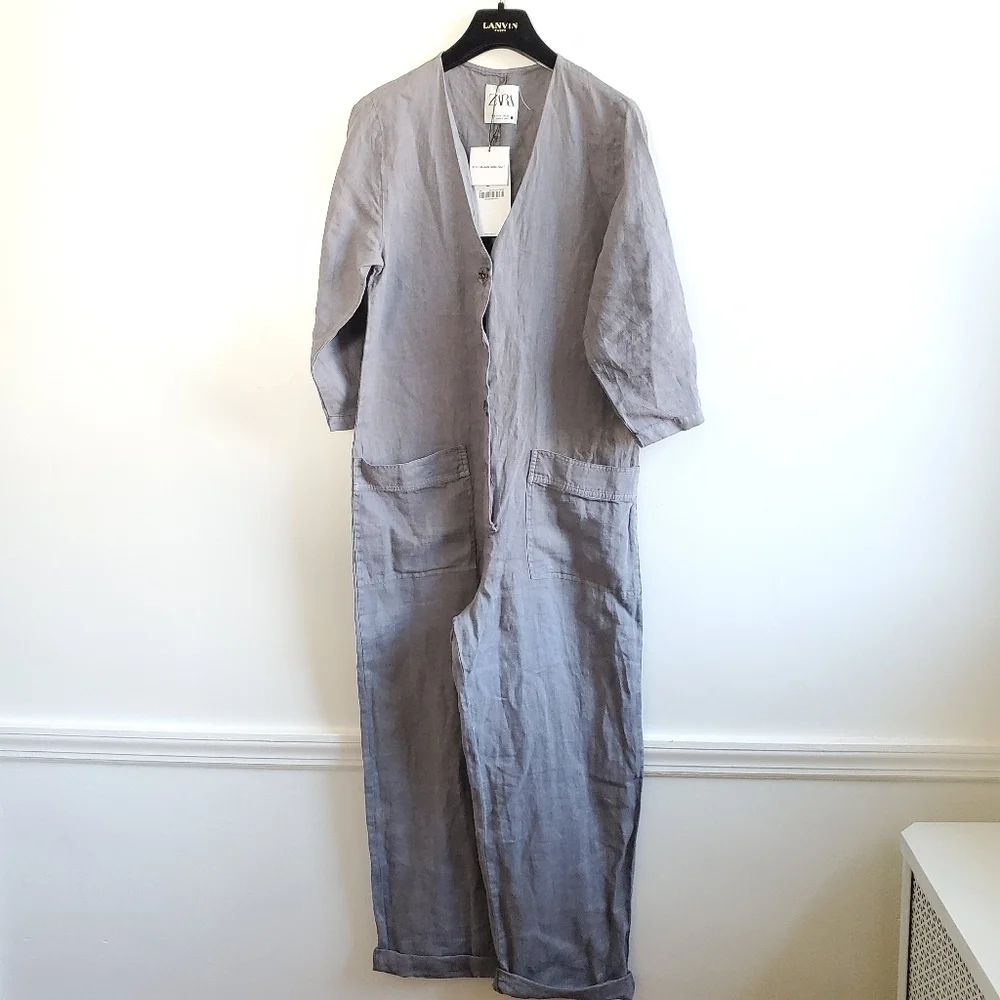 Zara 100% Linen Front Pocket Grey Boiler Jumpsuit  Onesie NWT Size Small